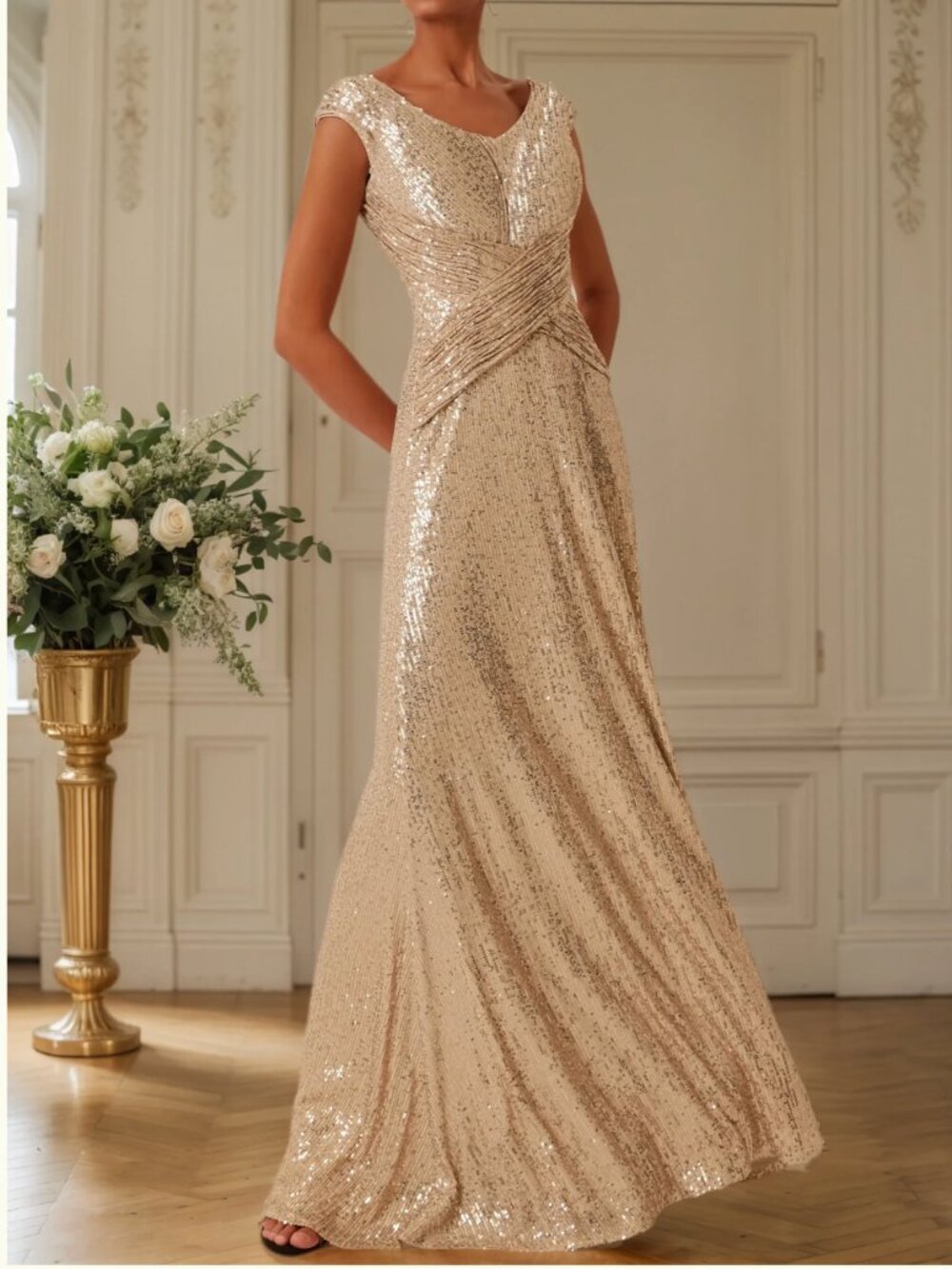 DreamyLily Women Golden Champagne Sequin Sleeveless Long A-line Gown Dress - Picture 4 of 10